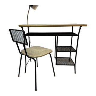Mid Century Formica Top Iron Mesh Student Desk Built in Lamp With Matching Chair For Sale