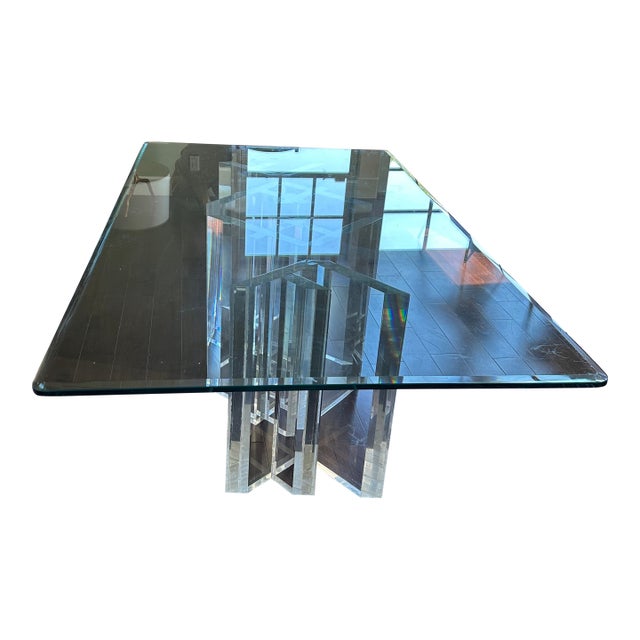 1980s Lucite Pedestals Base Glass Top Dining Conference Table For Sale