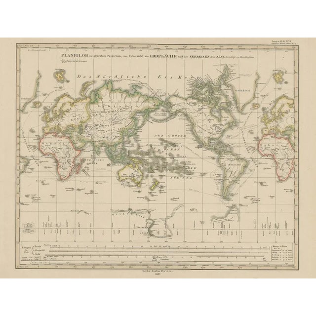 Black Antique World Map Mercator Projection with Global Sea Routes by Adolf Stieler, 1857 For Sale - Image 8 of 10