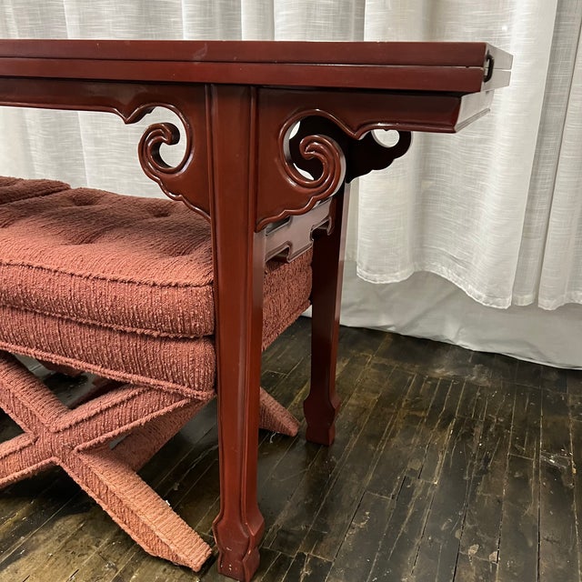 Baker Furniture Company 1950s Michael Taylor for Baker Red Lacquer Expandable Altar Table and Stools - Set of 3 For Sale - Image 4 of 12