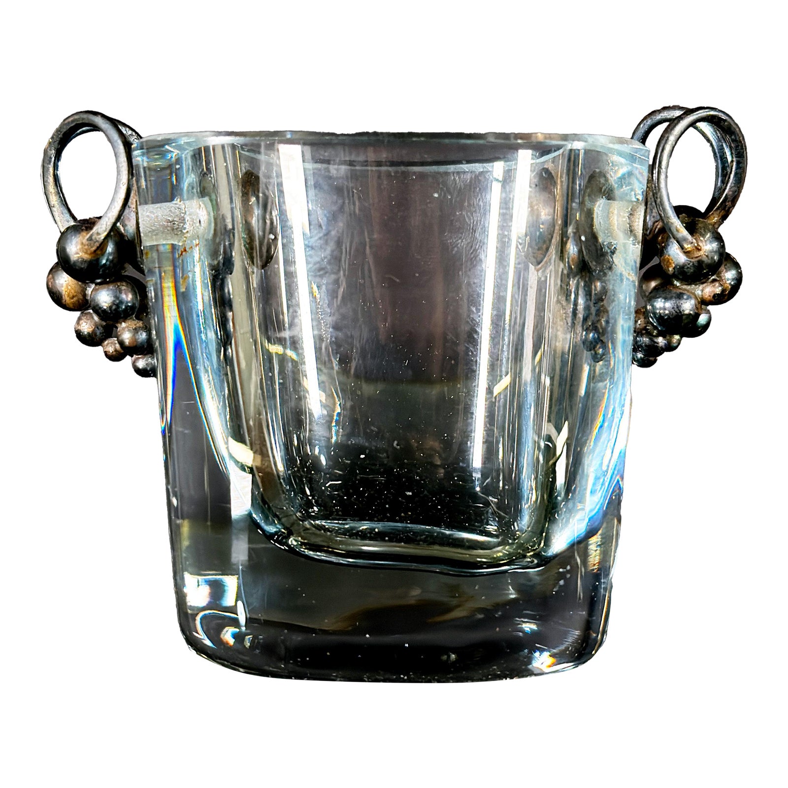 Strömbergshyttan Swedish Art Deco Crystal Vase / Toothpick Holder W/ Sterling Silver Grape Cluster Handles, 1950s