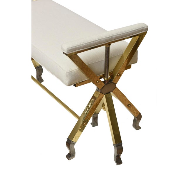 Mid-Century Modern Mid Century Modern 3 Legged Bench With Two Metals and Off White Upholstery, Restored, 1950's For Sale - Image 3 of 11