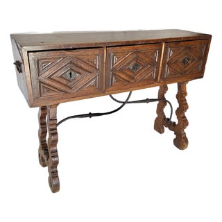 18th Century Spanish Walnut and Iron Three Drawer Console Table For Sale