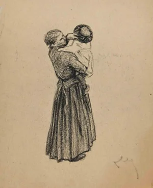 The Mother and Child, Original Drawing, Early 20th-Century