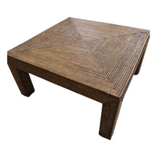 Vintage Woven Rattan Square Coffee Table With Geometric Top For Sale