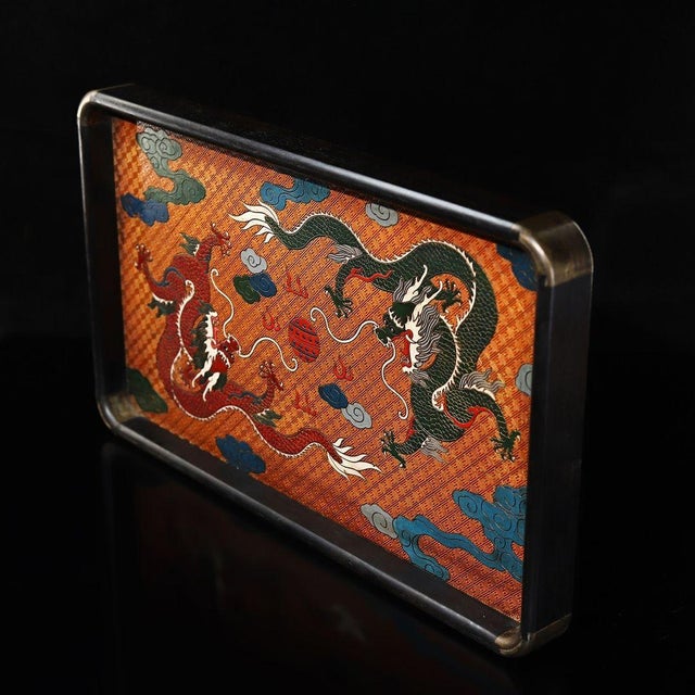 Ebony Vintage Ebony Wood Rectangular Tray With Cloisonné Double Dragon Panel For Sale - Image 8 of 9