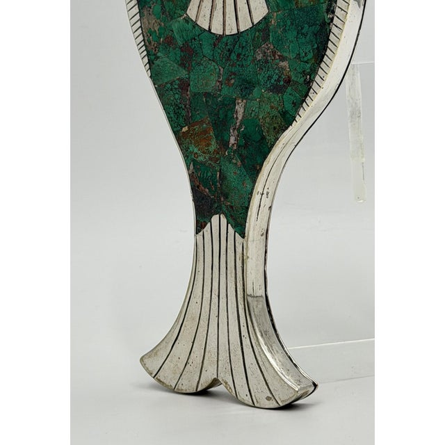 Emilia “Mimi” Castillo Taxco Malachite Silver Plate Fish Hand Mirror, 1970s For Sale - Image 9 of 18