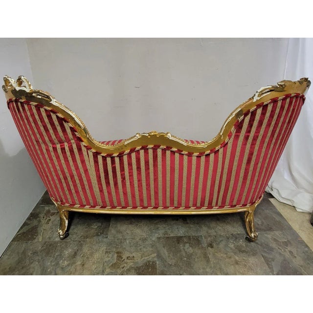 Antique French Striped Baroque Carved Giltwood Chairs and Sofa Set - Project For Sale - Image 11 of 12