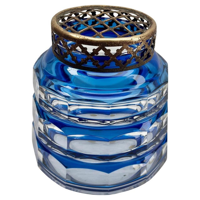 Cobalt Pique Fleurs Vase in Crystal Cut-to-Clear with Grille from Val Saint Lambert, 1935 For Sale - Image 3 of 9