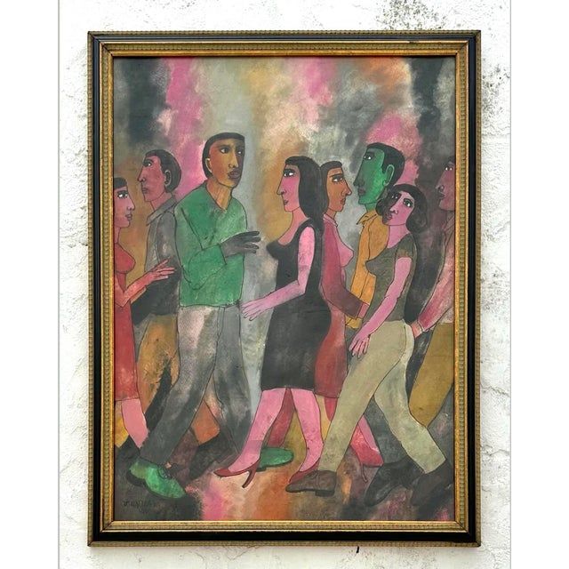 Late 20th Century Vintage Abstract Dancing Figurative Watercolor and Ink Painting on Paper For Sale - Image 5 of 5