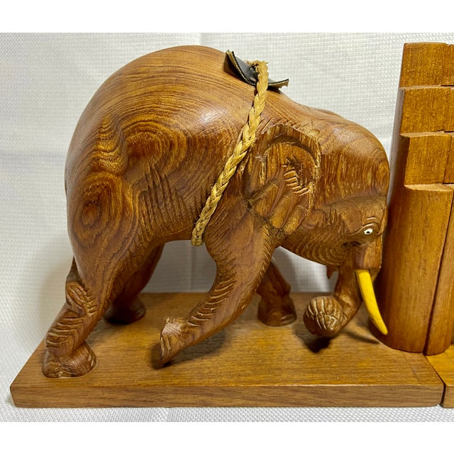 Vintage Hand Carved Wooden Asian Elephant Bookends with Tusks, Rope