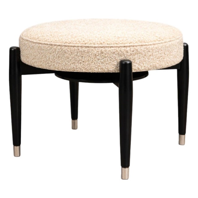 Móveis Cimo Round Stool in Ebonized Wood With Metal Sabots, Brazil, 1950s — Newly Upholstered in Warm Ivory Bouclé For Sale