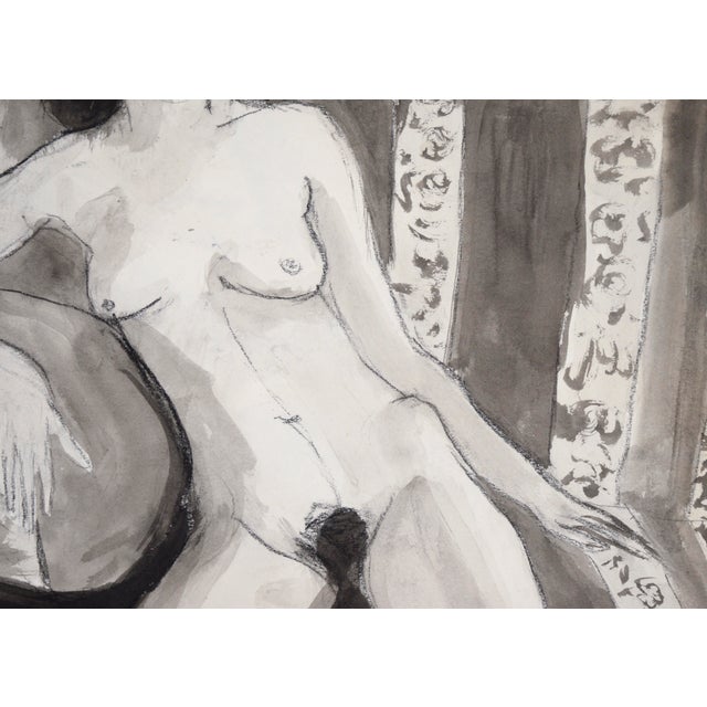 Nude Woman on Striped Chair #2 in Charcoal and Gouache on Paper by Katherine Kallick For Sale - Image 4 of 6