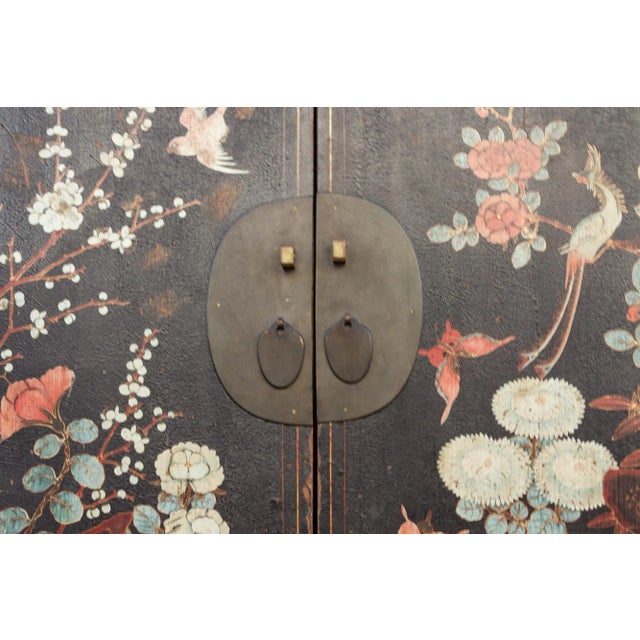 Wood Antique Black & Floral Chinoiserie Armoire For Sale - Image 7 of 11