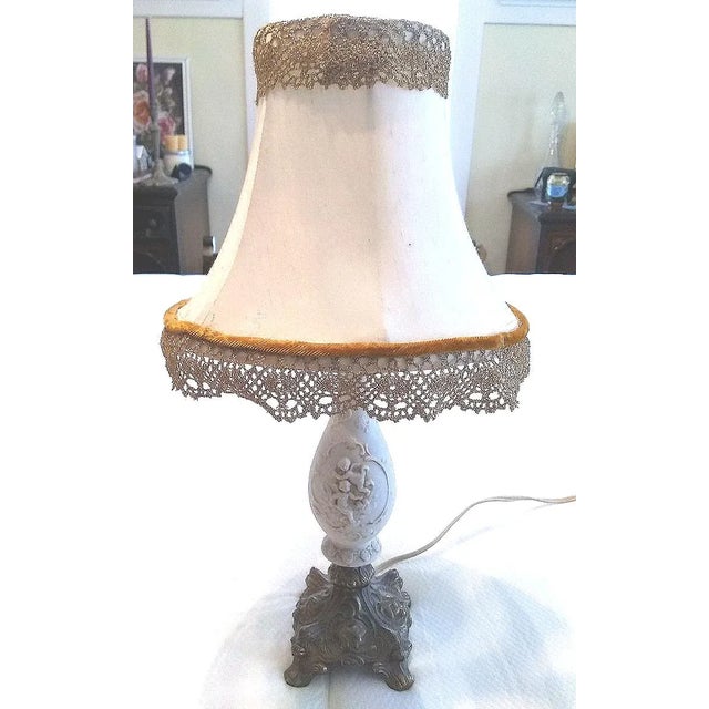 Vintage Porcelain Cherub Table Lamp With Brass Base and Fringed Shade For Sale - Image 12 of 12