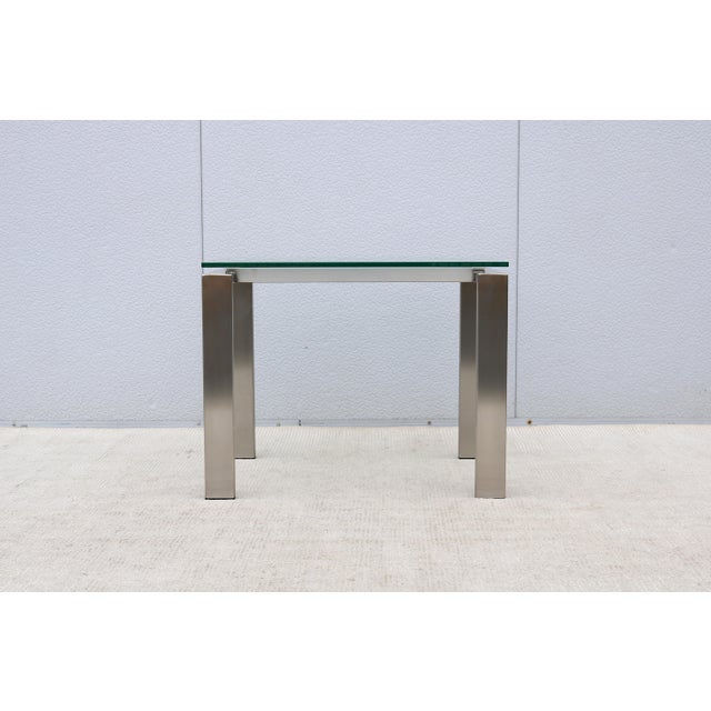 Mid-Century Modern 1980's Custom Made Brushed Stainless Steel & Clear Glass Rectangular Side Table For Sale - Image 3 of 12