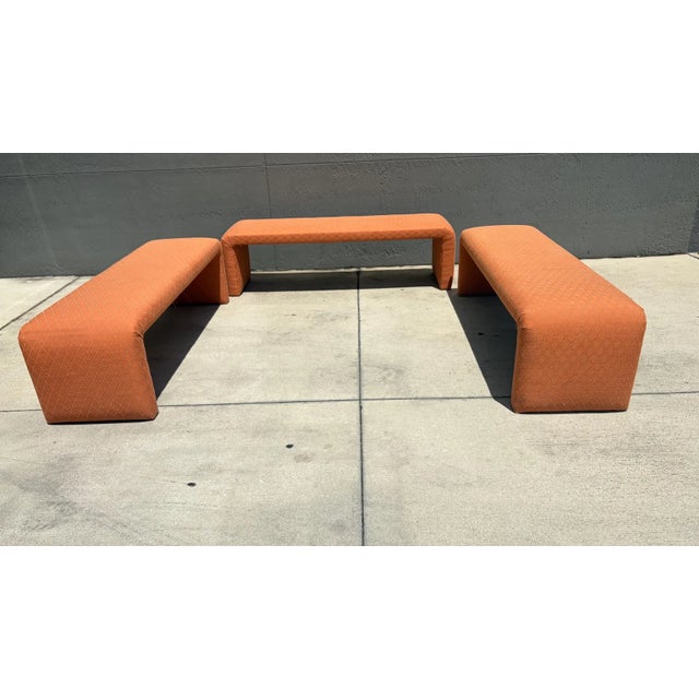 This is a great pair of upholstered waterfall benches. They are long! The length is 74 inches. The are upholstered in a...