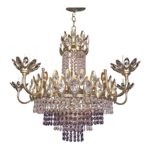 1960s Hollywood Regency 15 Light Pink & Amethyst Cut Crystal Brass Frame Chandelier by Palwa