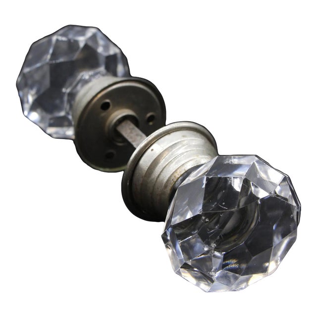 Mid 20th Century Faceted Glass Doorknob Set With Nickel Rosettes For Sale