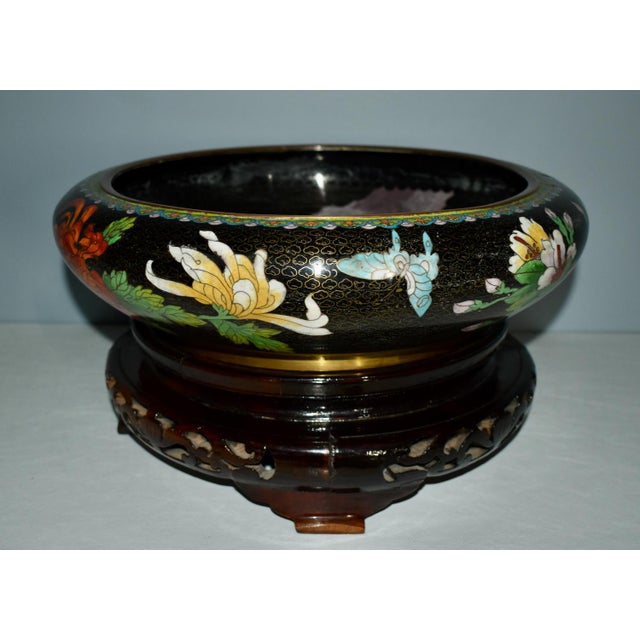 Antique (1920's) Large Cloisonne Bowl with Carved Wood Base. Made of Brass & Enamel. Made in China. Heavy. The...