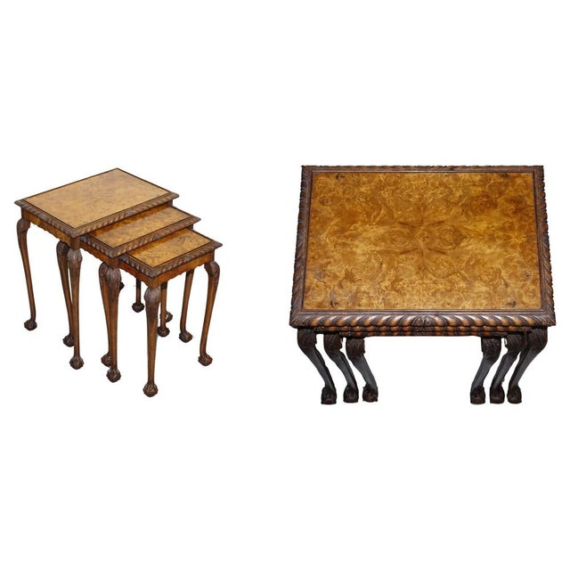 Burr Walnut Nest of Three Tables with Carved Claw & Ball Feet, Set of 3 For Sale - Image 15 of 15