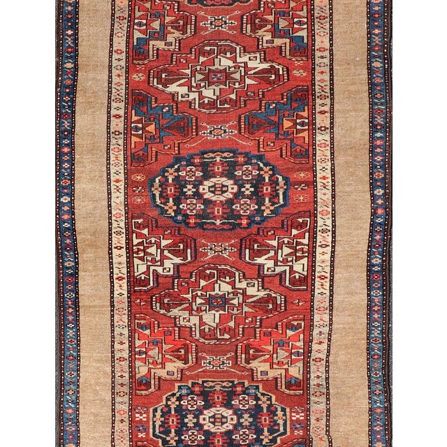 Late 19th Century Antique Persian Camel Hair Serab Runner With Tribal Medallion Design Rug For Sale - Image 5 of 17