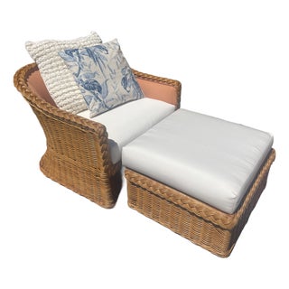 Vintage Wicker Lounge Chair & Ottoman Set, Michael Taylor Style With New Sunbrella Upholstery For Sale