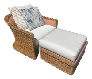 Vintage Wicker Lounge Chair & Ottoman Set, Michael Taylor Style With New Sunbrella Upholstery