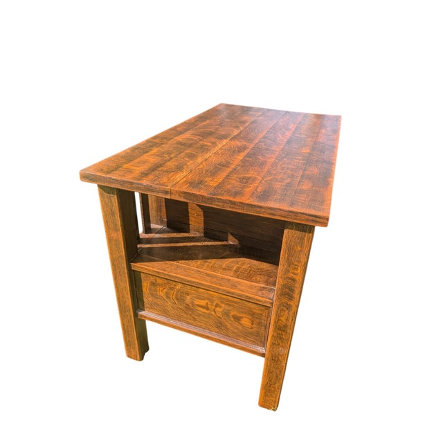 Antique Mission Style Quartersawn Oak Desk | Arts & Crafts Era Kneehole Library Writing Table For Sale - Image 11 of 17