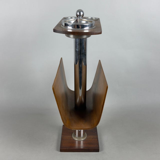 Vintage Floor Standing Ashtray Magazine Rack in Curved Wood and Chromed Metal, 1960s For Sale - Image 9 of 11