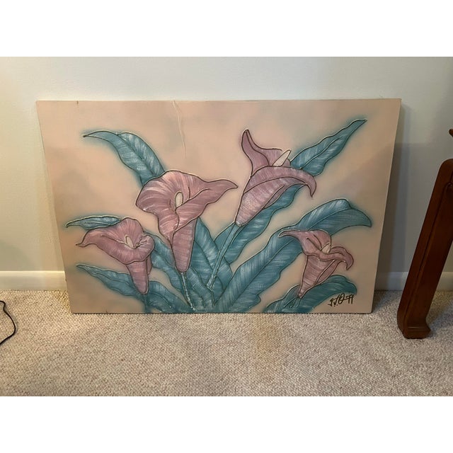 Art Deco 1980s Floral Pink Calla Lillies Wall Painting For Sale - Image 3 of 5