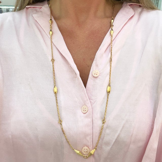 Gold Vintage 18k Yellow Gold Long Geometric Puffed Pebble Station Link Chain Necklace For Sale - Image 8 of 8