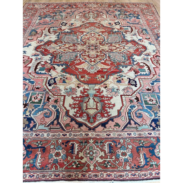 Antique Persian Heriz Carpet Handmade Wool Oriental Rug, Light, Pink, Light Blue For Sale - Image 14 of 18