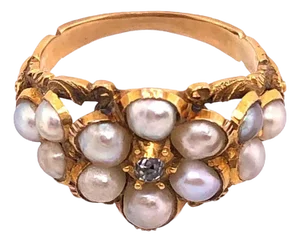 Yellow Gold Antique Cluster of Pearl Ring With Diamond, Size 6