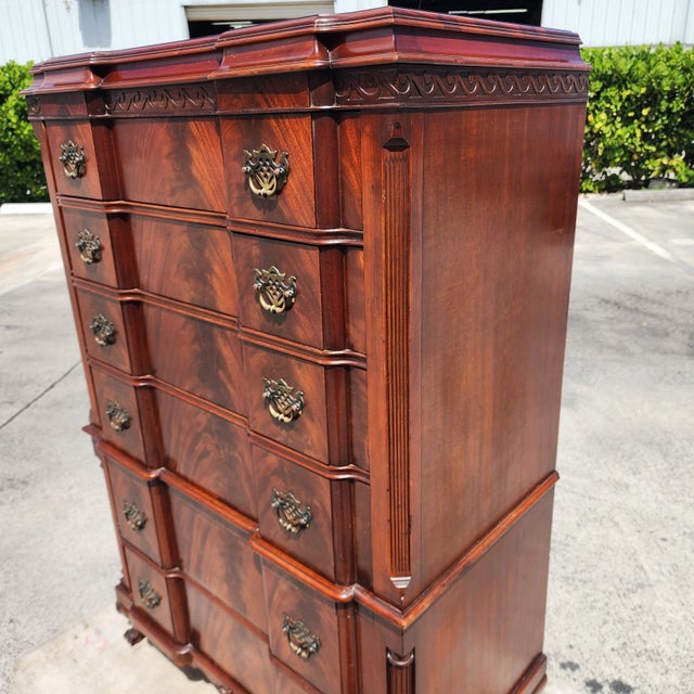 Brown Antique Georgian Flame Mahogany Block Front Highboy Dresser For Sale - Image 8 of 18