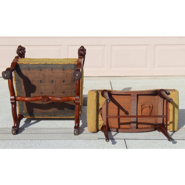 Antique French Louis XIV Style Armchair & Ottoman Set - Mid 19th Century Carved Lion Head Throne Chair With Original Yellow Upholstery For Sale - Image 18 of 18