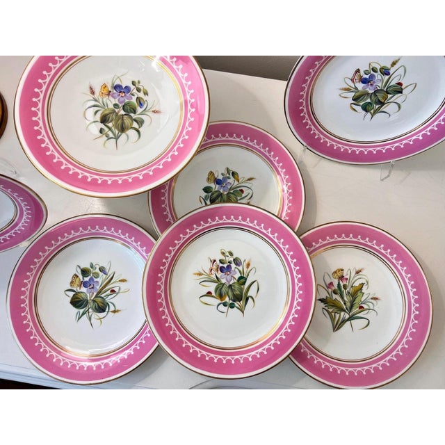 Antique French Pink Old Paris Porcelain hand-painted dessert set with 12 plates and 5 assorted tazzas, porcelain with gilt accents - 17 pcs For Sale - Image 4 of 18