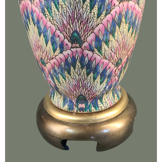 Asian Late 20th Century Asian Flamestitch Pattern Colorful Painted Porcelain Peacock Feather Table Lamp For Sale - Image 3 of 9