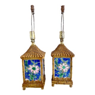 Vintage Pagoda Faux-Bamboo Lamps With Hand-Painted Floral & Bird Panels — Pair 23”h For Sale