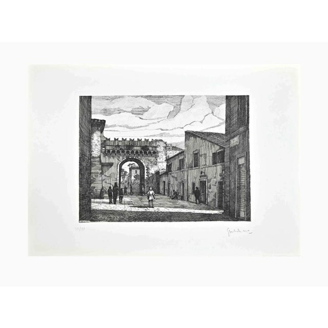 Roman View is an artwork realized by Giuseppe Malandrino. Print in etching technique and hand watercolored. Hand-signed by...