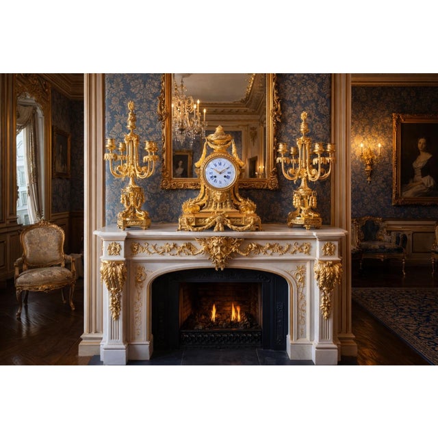 French 1860 Ad Mougin Louis XVI Gilt Bronze Clock Garniture - 3 Pc. For Sale - Image 3 of 18