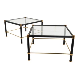 Mid 20th Century Schumacher French Leather & Brass Side Tables with Glass Tops - A Pair For Sale