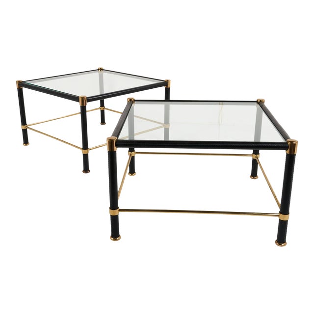 Mid 20th Century Schumacher French Leather & Brass Side Tables with Glass Tops - A Pair For Sale