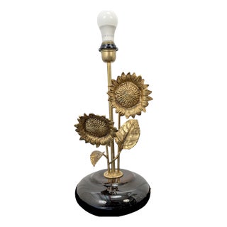 Sunflower-Themed Brass Table Lamp with Porcelain Base For Sale