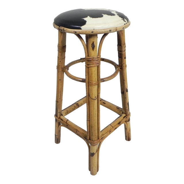 Bamboo Bar Stool with Leatherette Seat in Cow Print, 1950s For Sale
