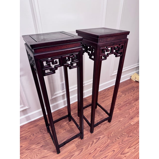 Hollywood Regency Vintage Monumental Asian Ming Style Solid Rosewood Plant Stands, a Pair For Sale - Image 3 of 14