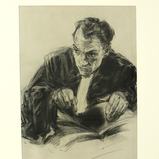 Beautiful large charcoal drawing of a counsellor or lawyer, original artwork by Herwig Driesschaert (1938-2010), signed...