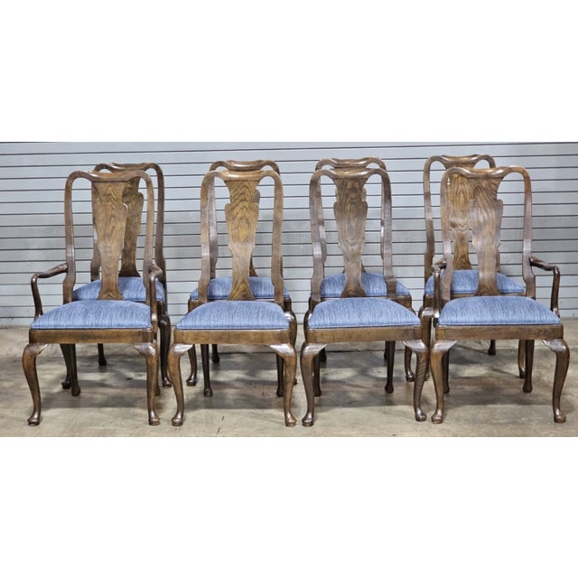 Store Item: Set Of 8 Baker Furniture Solid Oak Queen Anne Style Dining Room Chairs Description: Set features 2 arm chairs...