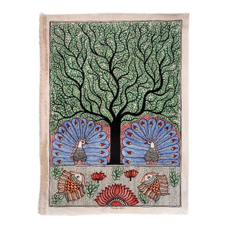 Mamta Devi National Award Winner (2016), Hand-Painted Madhubani Folk Art, Tree of Life With Peacocks, Fish & Intricate Foliage For Sale