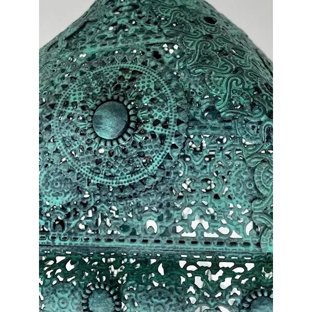 1950s Mediterranean Decorative Patina 3 Light Cluster Lanterns With Matching Chain and Canopy - Pair For Sale - Image 4 of 12